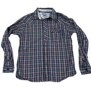 Vintage Wrangler Plaid Button-Up Shirt Long Sleeve Mens Medium Cotton Blue